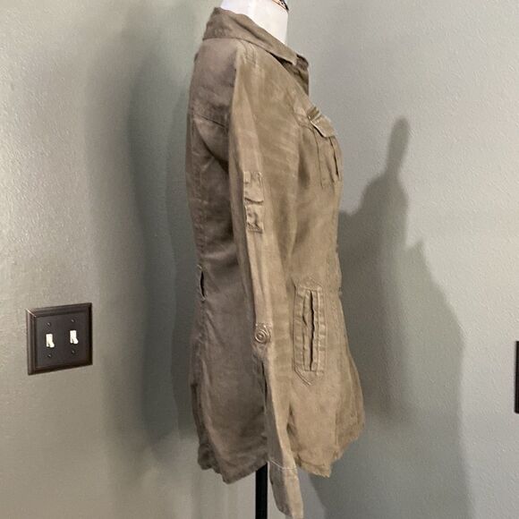 Vintage cAbi 856 Utility Button Up Shirt Jacket Sz XS 100% Linen Brown Roll Tab - Picture 5 of 14